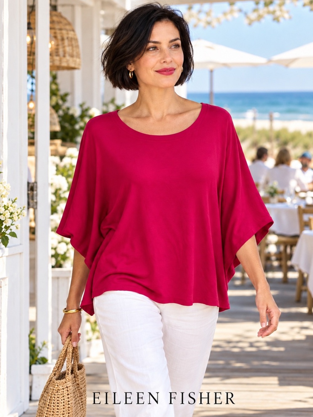 🌸EILEEN FISHER Fuchsia Relaxed Scoop Neck Top Size M Old Money Quiet Luxury
